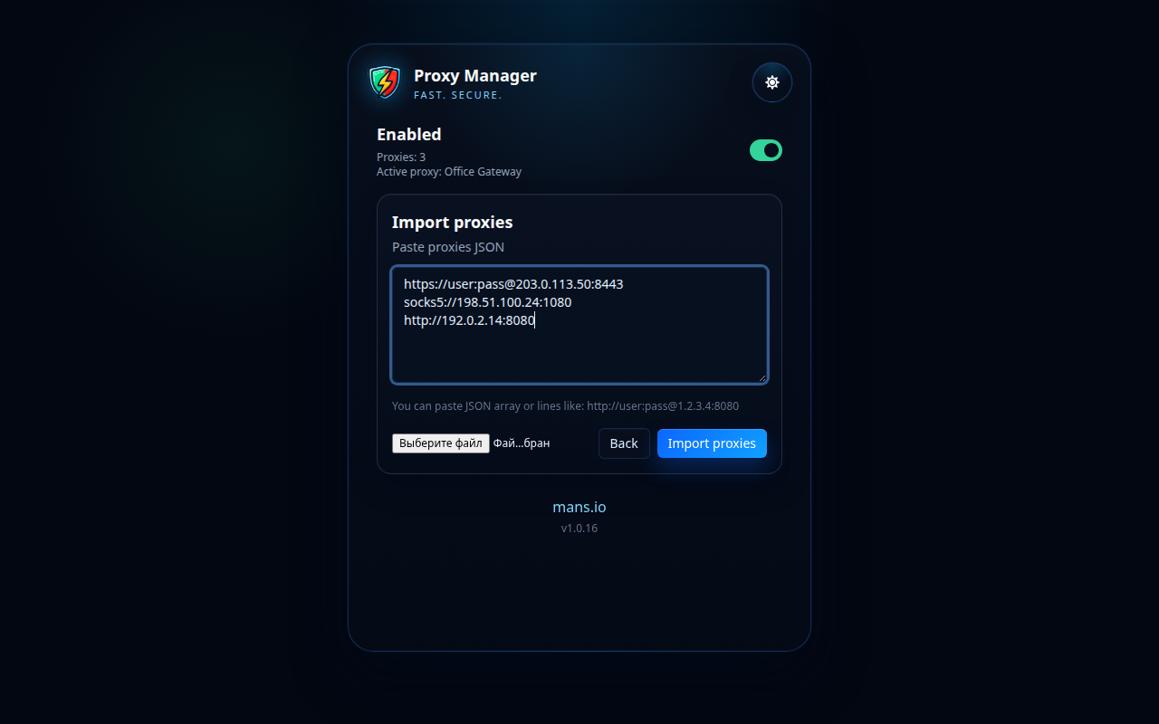Proxy Manager importálási képernyő