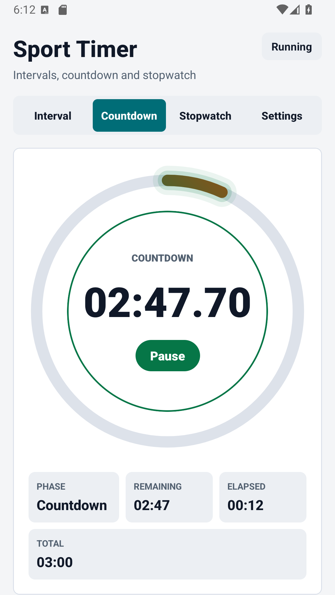Sport Timer visszaszámláló képernyő