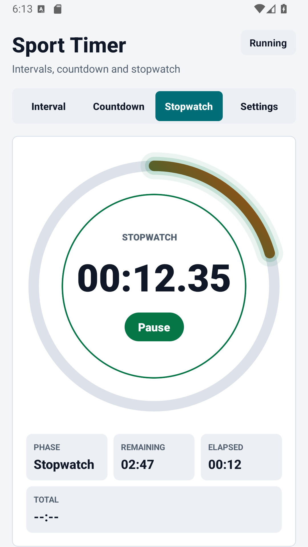Sport Timer stopper képernyő körökkel